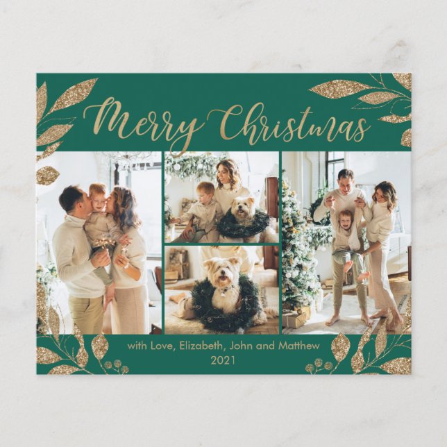 Budget Green Gold Leaves Photo Christmas Card (Front)
