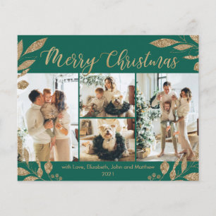 Budget Green Gold Leaves Photo Christmas Card