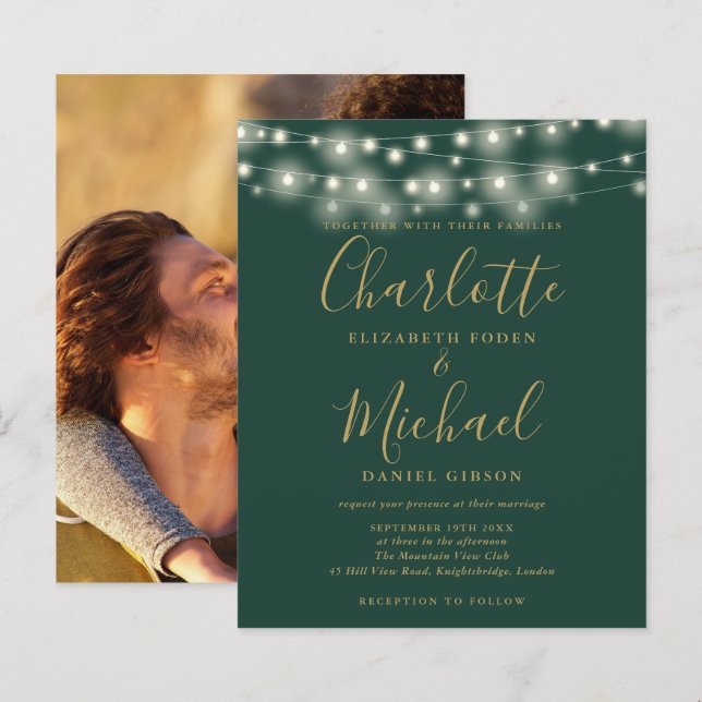 Budget Green Gold Lights Photo Wedding Invitation (Front/Back)