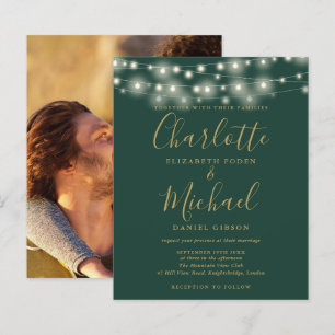Budget Green Gold Lights Photo Wedding Invitation
