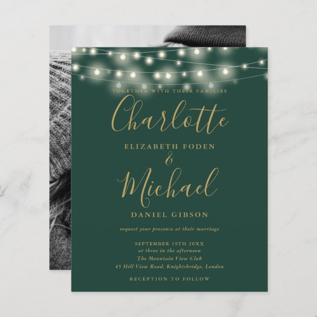 Budget Green Gold Lights Photo Wedding Invitation (Front/Back)