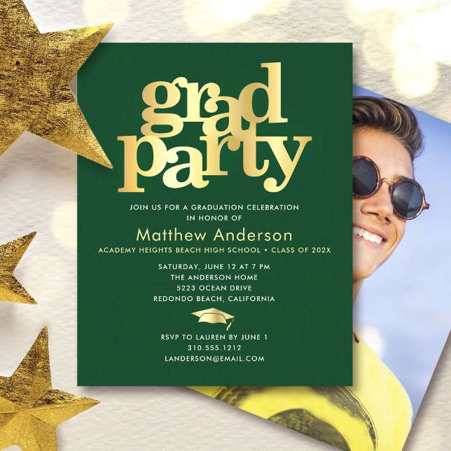 Budget Green Gold Photo Grad Minimal Party Invite (Creator Uploaded)