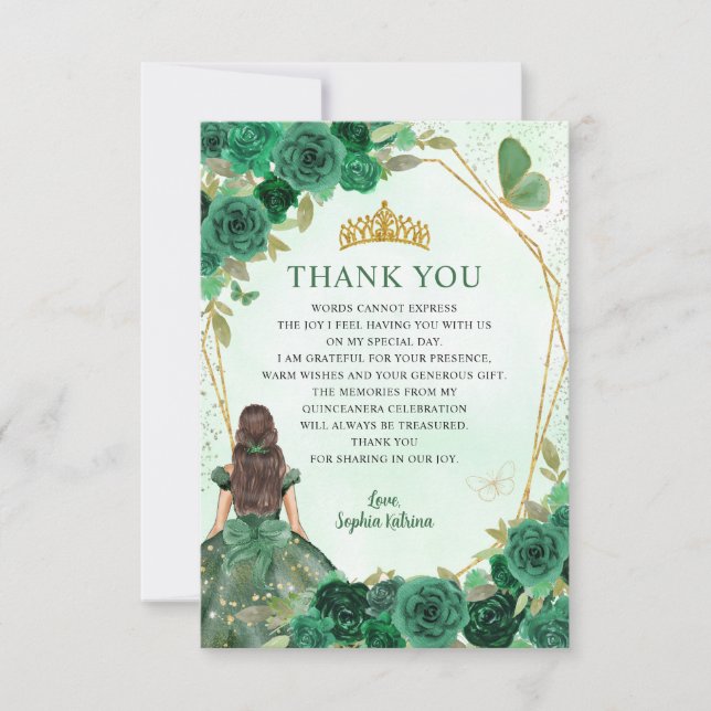 Budget Green Gold Princess Mis Quince Thank You Card (Front)