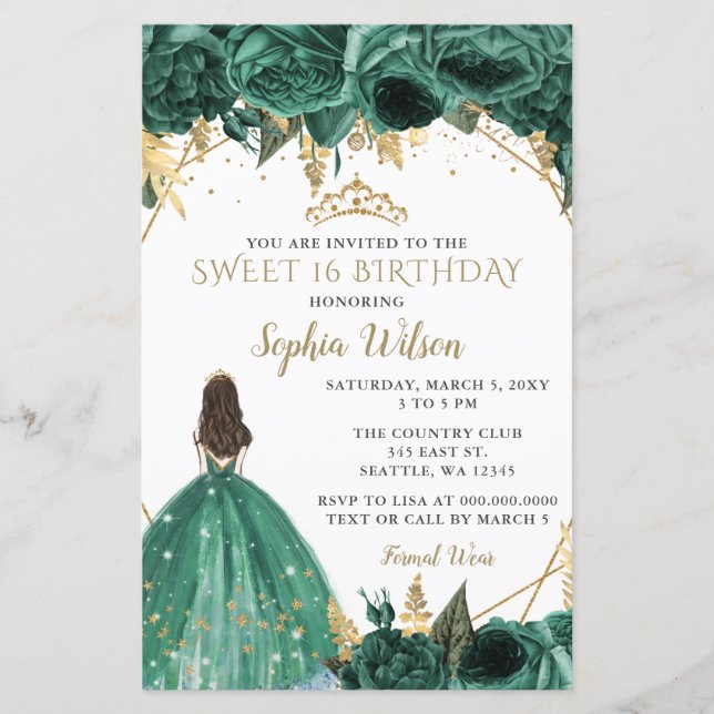 Budget Green Gold Princess Sweet 16 Invitation (Front)