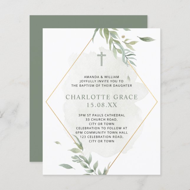 Budget Green & Gold Watercolor Foliage Baptism  (Front/Back)