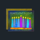 Budget Green Hanukkah Boho Candles Peace Love Card<br><div class="desc">“Peace, love & light.” A playful, modern, artsy illustration of boho pattern candles in a menorah helps you usher in the holiday of Hanukkah. Assorted blue candles with colourful faux foil patterns overlay a rich deep green textured background. Faux copper diamond pattern foil on a green background for the reverse...</div>