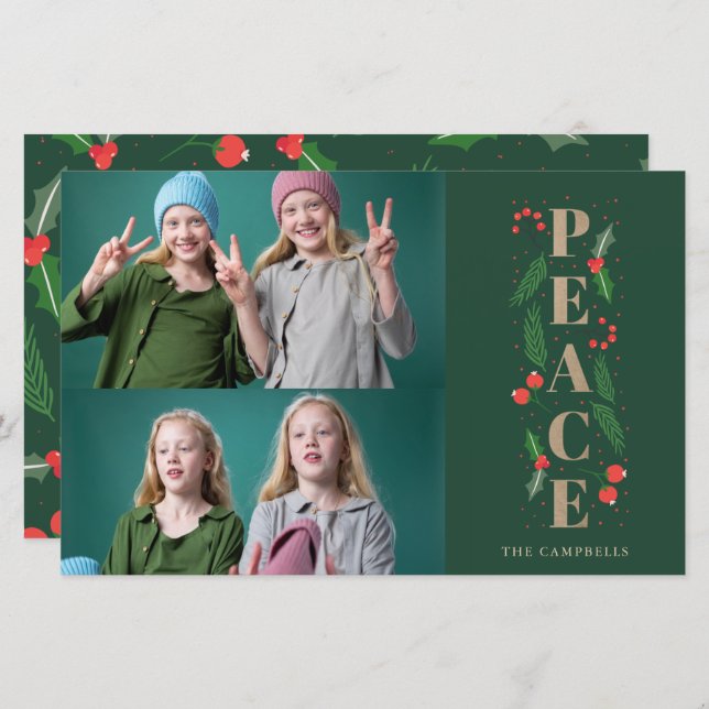Budget Green Holly Berry Peace Photo Holiday Card (Front/Back)