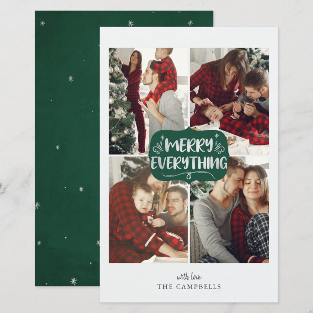 Budget Green Merry Everything 4 photo holiday card (Front/Back)