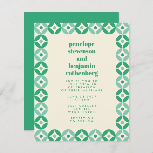 Budget Green Mid Mod Geometric Chic Wedding Invite (Front/Back)