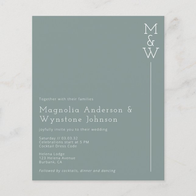 BUDGET Green Modern Monogram Wedding Invitation (Front)