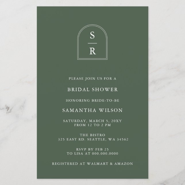 Budget Green Monogram Bridal Shower Invitation (Front)