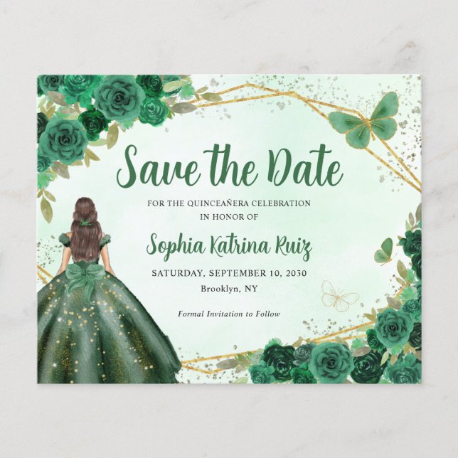 Budget Green Princess Quinceañera Save the Date (Front)