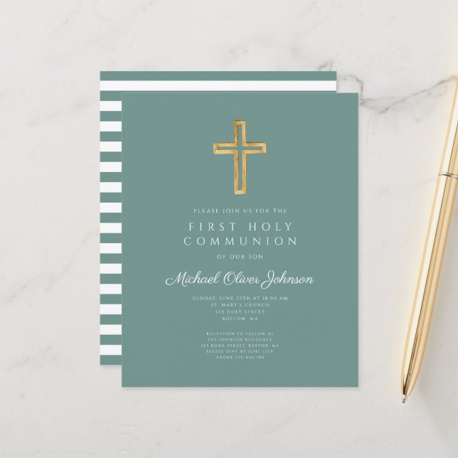 Budget Green Religious Boy First Communion Sheet (Front/Back In Situ)