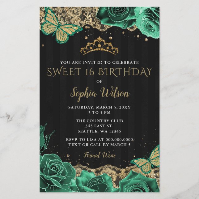 Budget Green Roses Black Gold Sweet 16  Invitation (Front)