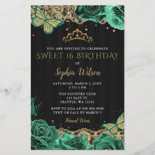 Budget Green Roses Black Gold Sweet 16  Invitation
