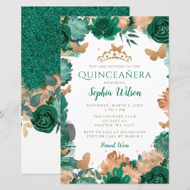 Budget Green Roses Gold Butterflies Quinceañera  (Front/Back)