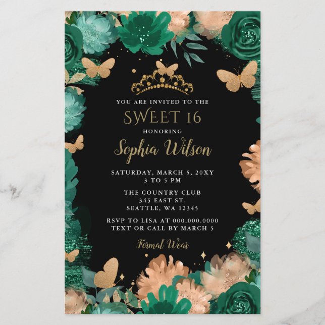 Budget Green Roses Gold Butterflies Sweet 16  (Front)