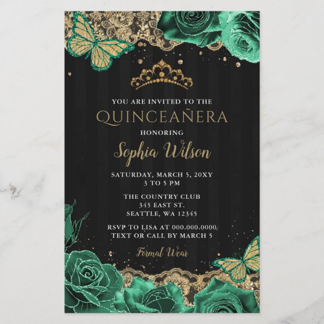 Budget Green Roses Gold Quinceañera Invitation (Front)