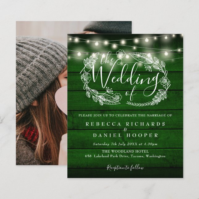 Budget Green Rustic Lights Photo Wedding Invite (Front/Back)
