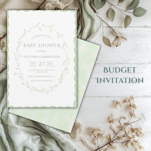 Budget Green Scallop Frame Vintage Baby Shower Invitation (Creator Uploaded)