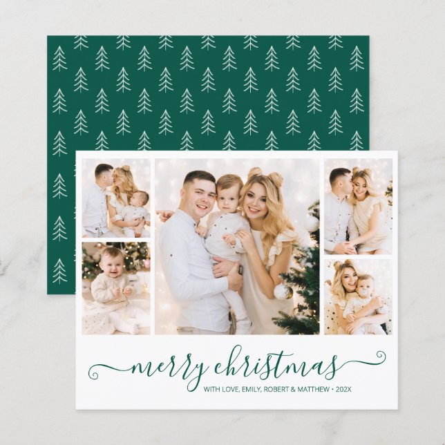 Budget Green Script 5 Photo Collage Christmas Card (Front/Back)