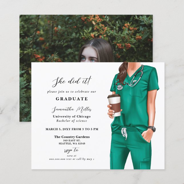 Budget Green Scrubs Nurse Photo Graduation Invite (Front/Back)