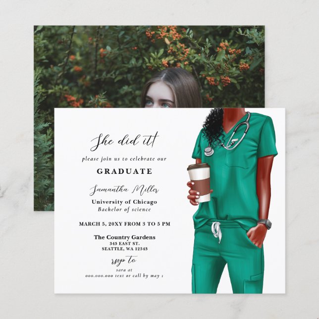 Budget Green Scrubs Nurse Photo Graduation Invite (Front/Back)
