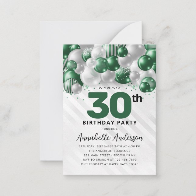 Budget Green Silver Balloon Glitter 30th Birthday Card (Front)