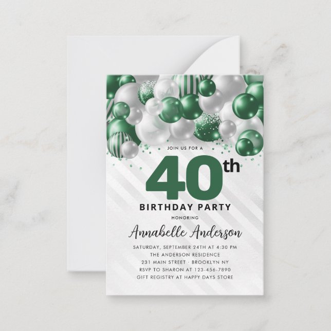 Budget Green Silver Balloon Glitter 40th Birthday Card (Front)
