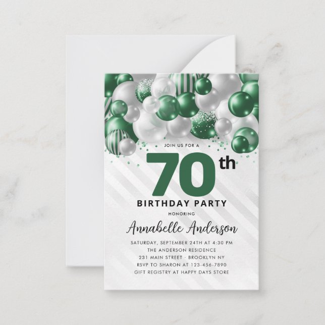 Budget Green Silver Balloon Glitter 70th Birthday Card (Front)