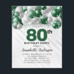 Budget Green Silver Balloon Glitter 80th Birthday<br><div class="desc">Modern Glam Emerald Green Silver Balloon Glitter Sparkle Any Age Birthday Invitation</div>