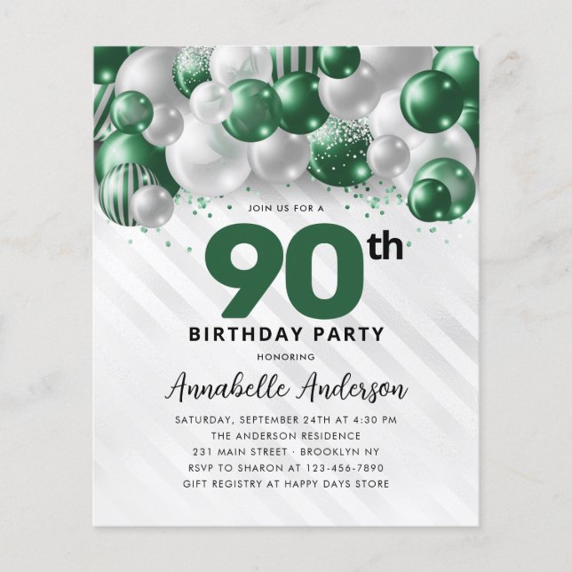 Budget Green Silver Balloon Glitter 90th Birthday (Front)