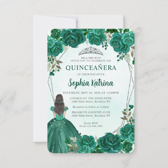 Budget Green Silver Floral Princess Quinceañera Card (Front)