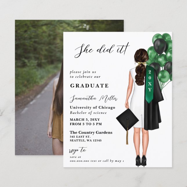 Budget Green  Simple Photo She Did It Graduation (Front/Back)