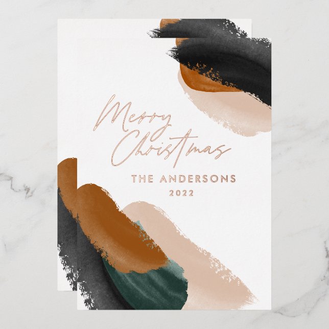 budget green terracotta modern minimal watercolor foil holiday card (Front/Back)
