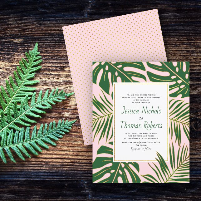 BUDGET Green tropical leaves wedding invitation (Creator Uploaded)