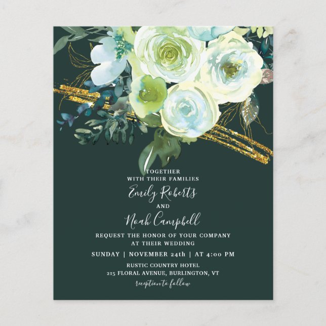 Budget Green Turquoise Floral Gold Glitter Wedding Flyer (Front)