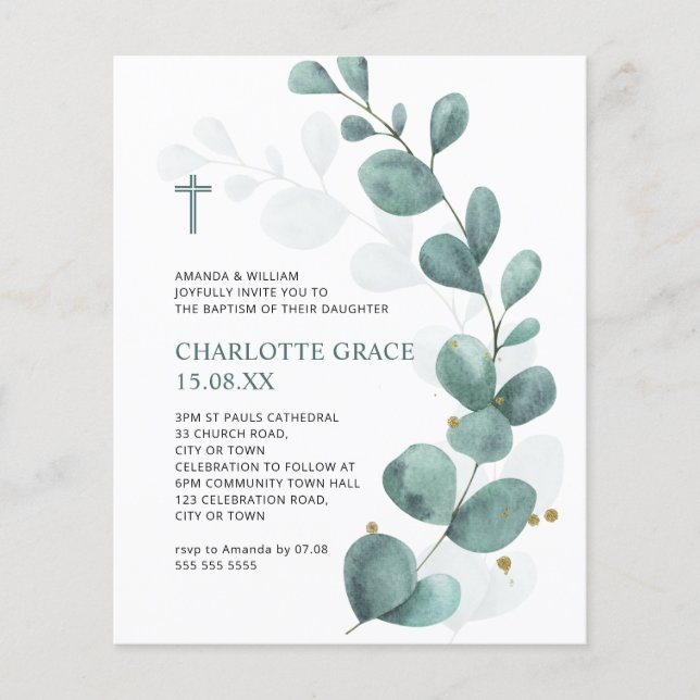 Budget Green Watercolor Eucalyptus Baptism Invite Flyer (Front)