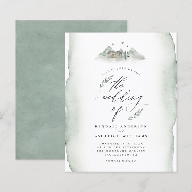Budget Green Watercolor Leaves & Mountain Wedding (Front/Back)