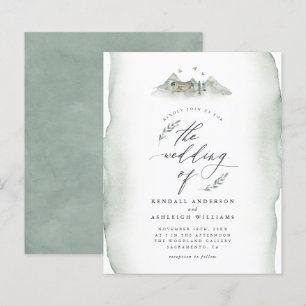 Budget Green Watercolor Leaves & Mountain Wedding
