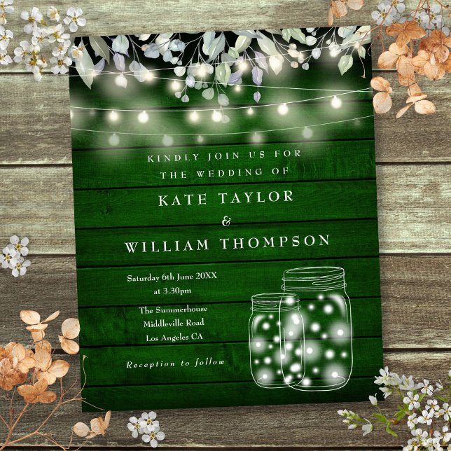 Budget Green Wood String Lights Wedding Invite (Budget Green Wood String Lights Wedding Invite)