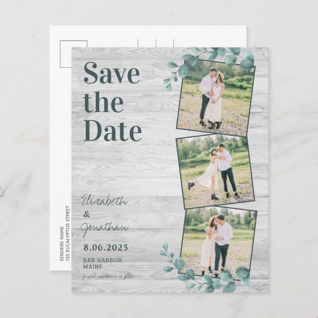 Budget Greenery 3 Photo Save The Date Postcard (Front/Back)