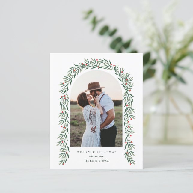 Budget Greenery Arch Elegant Photo Christmas Card (Standing Front)