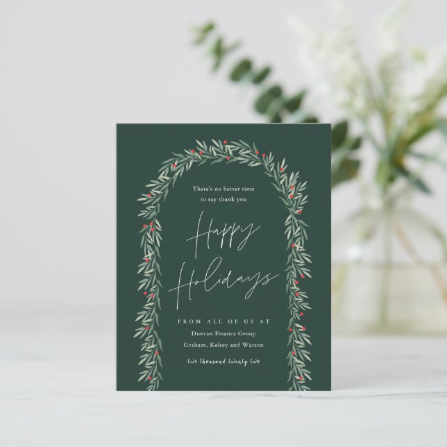 Budget Greenery Arch Script Business Holiday Card (Standing Front)