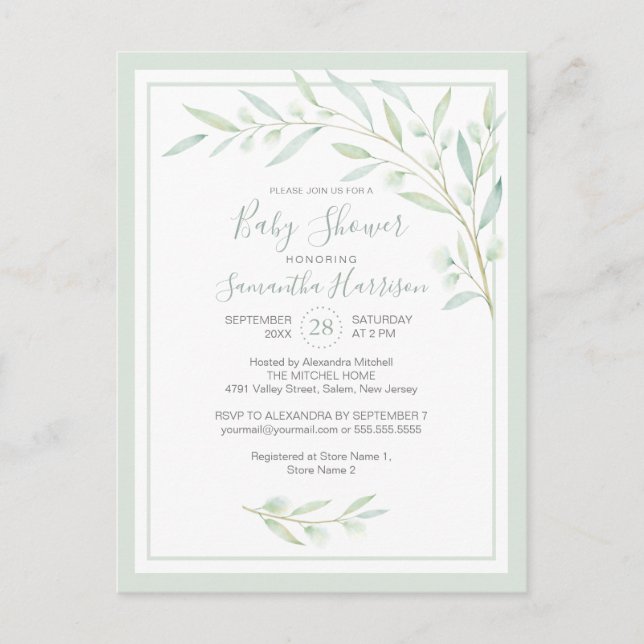 Budget Greenery Botanical Elegant Sage Baby Shower Invitation Postcard (Front)