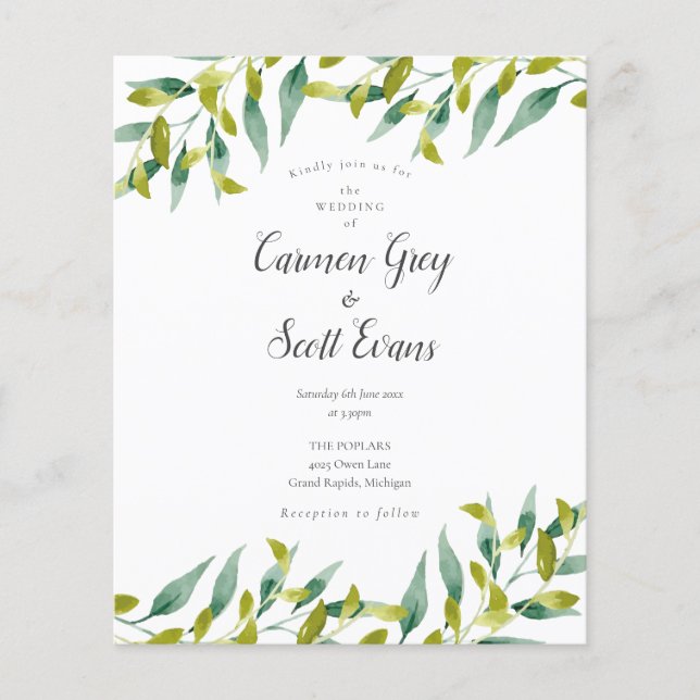 Budget Greenery Chic Script Wedding Invitation (Front)