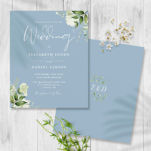 Budget Greenery Dusty Blue Wedding Invitation
