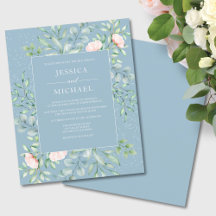 Budget Greenery Dusty Blue Wedding Invitation