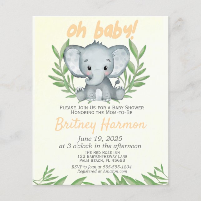 Budget Greenery Elephant Neutral Baby Shower (Front)