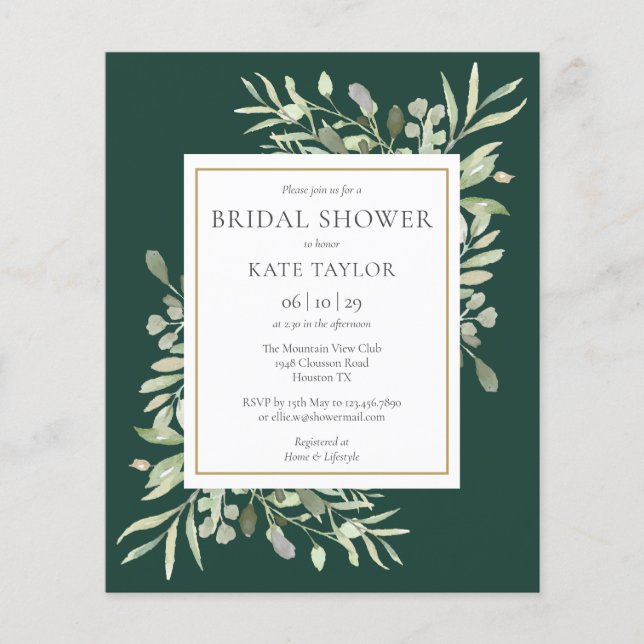 Budget Greenery Emerald Bridal Shower Invite (Front)